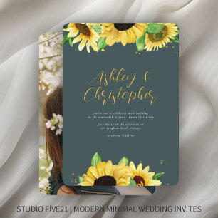 Elegant Rustic Sunflower Slate Gray Photo Wedding Invitation