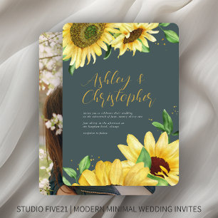 Elegant Rustic Sunflower Slate Gray Photo Wedding Invitation