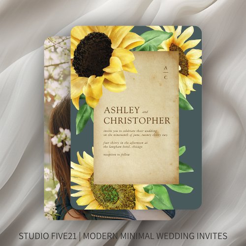 Elegant Rustic Sunflower Slate Gray Photo Wedding Invitation