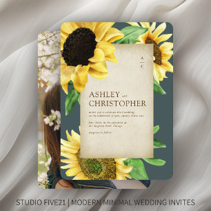 Elegant Rustic Sunflower Slate Gray Photo Wedding Invitation