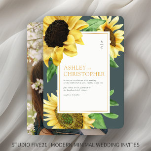 Elegant Rustic Sunflower Slate Gray Photo Wedding Invitation