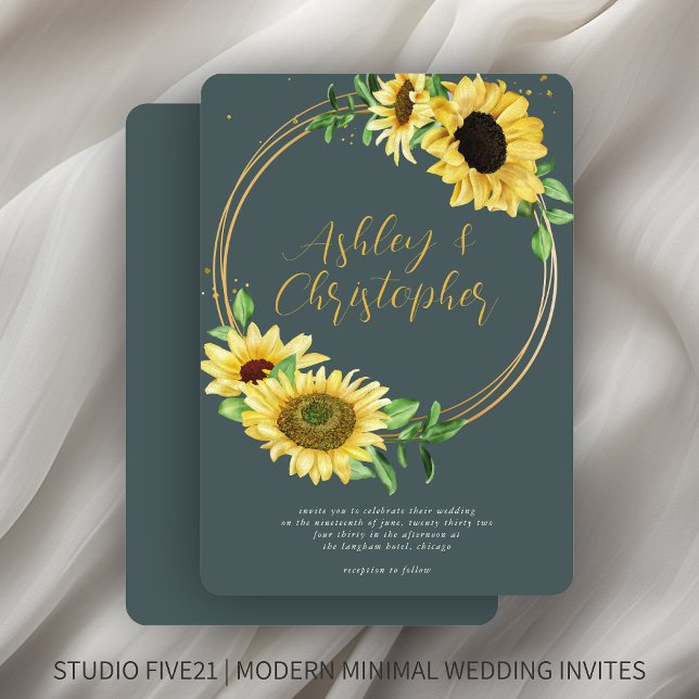 Elegant Rustic Sunflower Slate Gray Wedding Invitation (Creator Uploaded)
