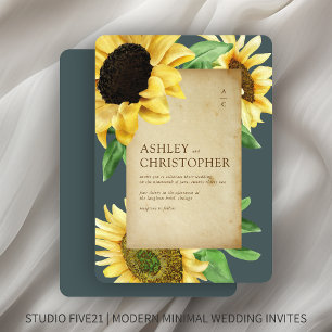 Elegant Rustic Sunflower Slate Gray Wedding Invitation
