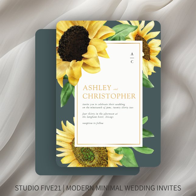 Elegant Rustic Sunflower Slate Gray Wedding Invitation (Creator Uploaded)