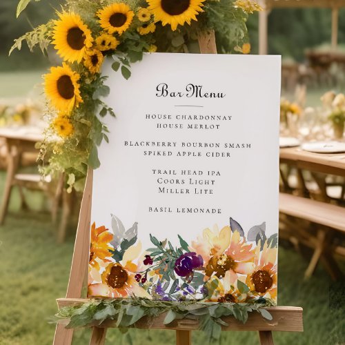 Elegant Rustic Sunflower Wedding Bar Menu Sign