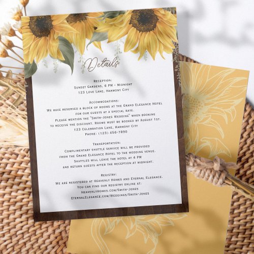 Elegant Rustic Sunflower wedding details Enclosure Card