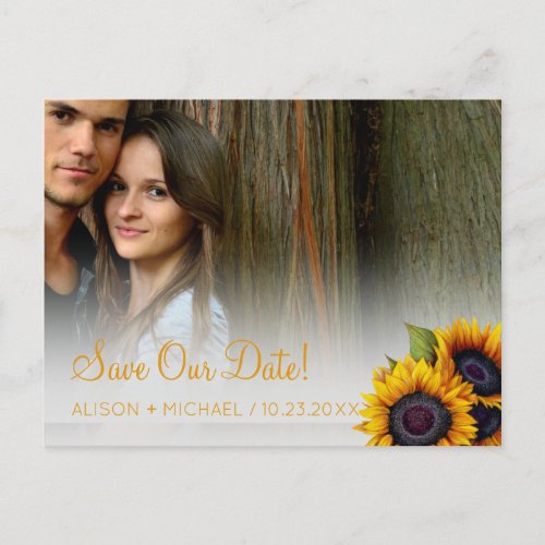 Elegant rustic sunflowers photo wedding save date announcement postcard