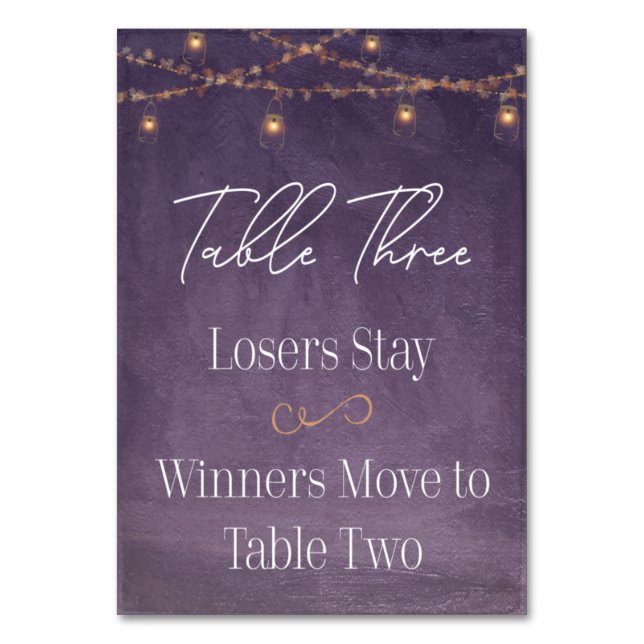 Elegant Rustic Tea Lights Purple Bunco Table Three Number (Front)