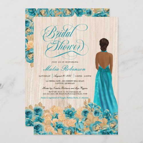 Elegant Rustic Teal Blue Rose  Gown Bridal Shower Invitation