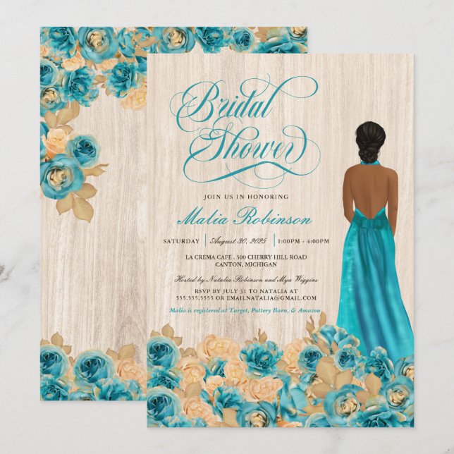 Elegant Rustic Teal Blue Rose & Gown Bridal Shower Invitation (Front/Back)