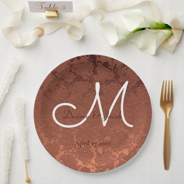 Elegant Rustic Terracotta Fall Wedding Monogram Paper Plates (Wedding)