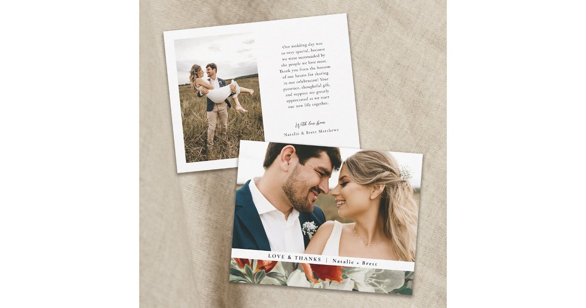 Elegant Rustic Terracotta Floral 2 Photo Wedding Thank You Card | Zazzle