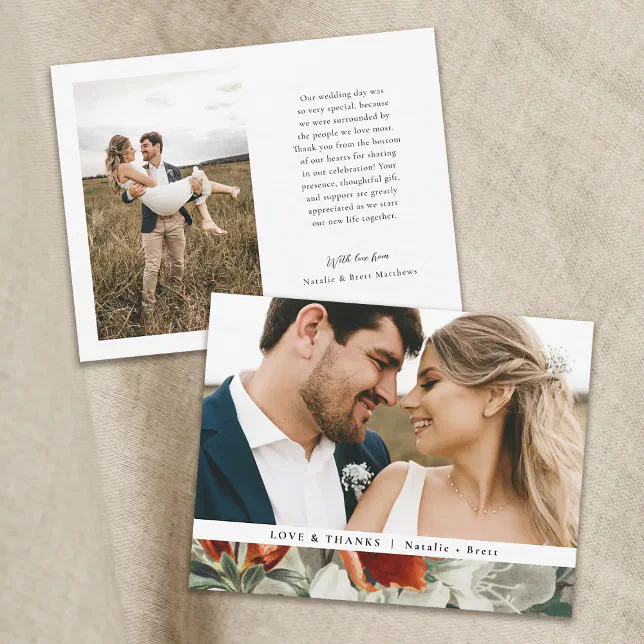 Elegant Rustic Terracotta Floral 2 Photo Wedding Thank You Card | Zazzle