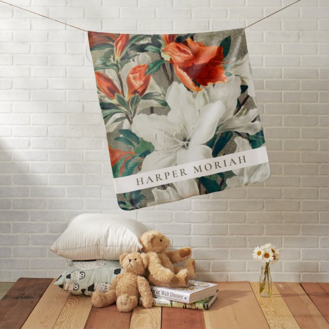 Elegant Rustic Terracotta Florals Baby Name  Baby Blanket (In Situ)