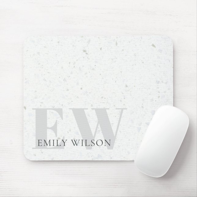 Elegant Rustic Terrazzo Stone Gray Name Monogram Mouse Pad (With Mouse)