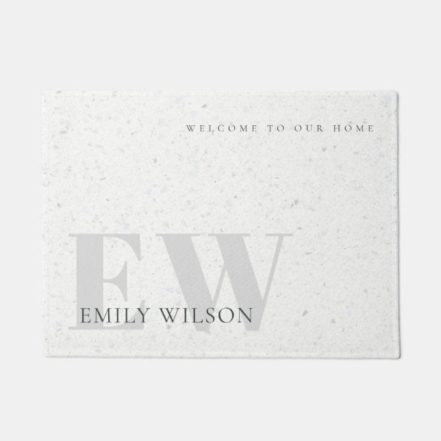 Elegant Rustic Terrazzo Stone Grey Name Monogram  Doormat (Front)