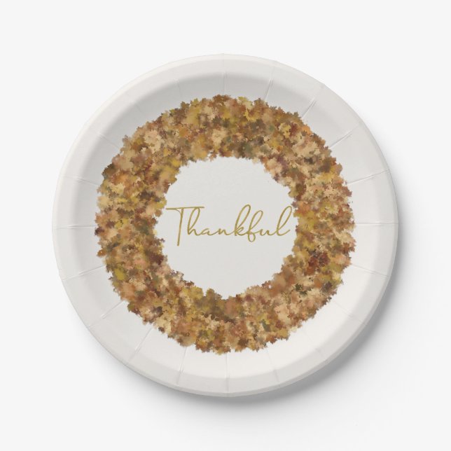 Elegant Rustic Thanksgiving Wreath Autumn Leaves Paper Plates (Front)