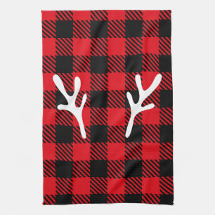 Elegant rustic trendy buffalo plaid red with deer  kitchen towel