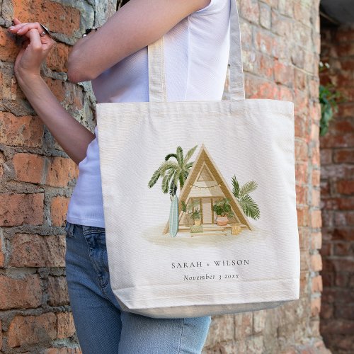 Elegant Rustic Tropical Palm Beach Shack Wedding Tote Bag