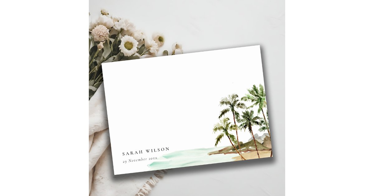 Elegant Rustic Tropical Palm Trees Beach Sand Note Card | Zazzle