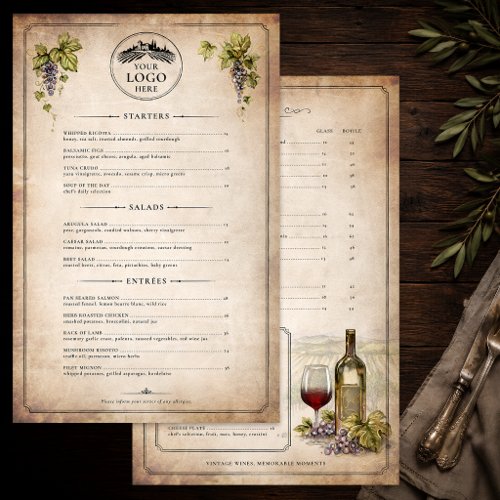 Elegant Rustic Vineyard Wine Menu Template