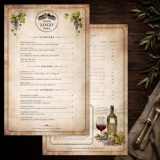 Elegant Rustic Vineyard Wine Menu Template (Editable Rustic Wine Menu Template | Upscale Winery Restaurant Design)