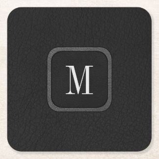 Elegant Rustic Vintage Black Gray Leather Monogram Square Paper Coaster