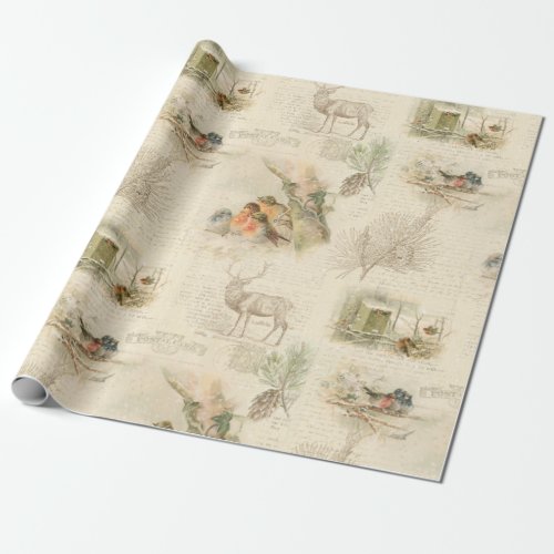 Elegant Rustic Vintage Christmas Woodland Collage Wrapping Paper