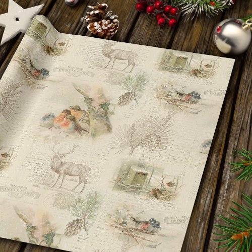 Elegant Rustic Vintage Christmas Woodland Collage Wrapping Paper