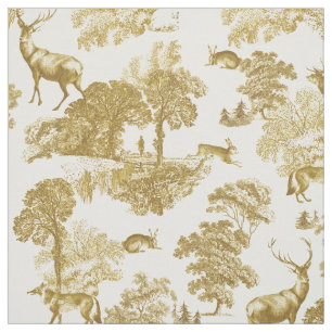 Elegant Rustic Vintage Gold Country Toile Deer Fabric
