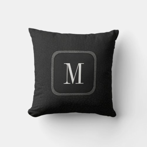 Elegant Rustic Vintage Leather Black Gray Monogram Throw Pillow