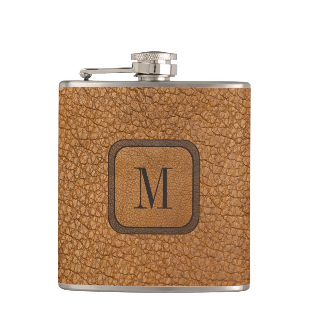 Elegant Rustic Vintage Modern Leather Monogram Flask (Front)