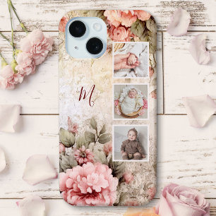 Elegant Rustic Vintage Roses, 3-Photos & Monogram iPhone 15 Case