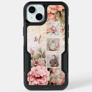 Elegant Rustic Vintage Roses, 3-Photos & Monogram iPhone 15 Plus Case