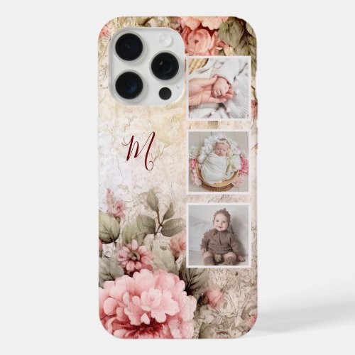 Elegant Rustic Vintage Roses 3_Photos  Monogram iPhone 15 Pro Max Case