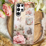 Elegant Rustic Vintage Roses, 3-Photos & Monogram Samsung Galaxy S22 Ultra Case<br><div class="desc">Gorgeous and elegant design featuring vertical three-photo square template on a subtly-distressed rustic background of pink cottage roses with text field for your name or monogram.</div>