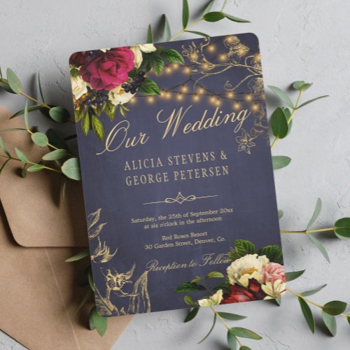 Elegant rustic vintage roses navy winter wedding invitation