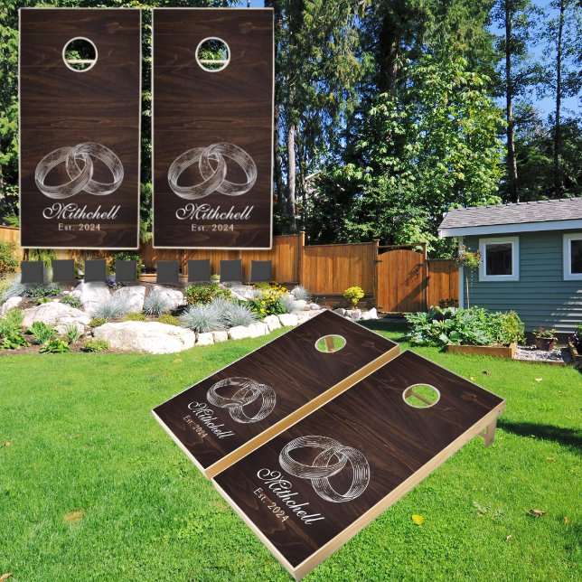 Elegant Rustic Walnut Brown Wood Wedding Rings Cornhole Set (Creator Uploaded)