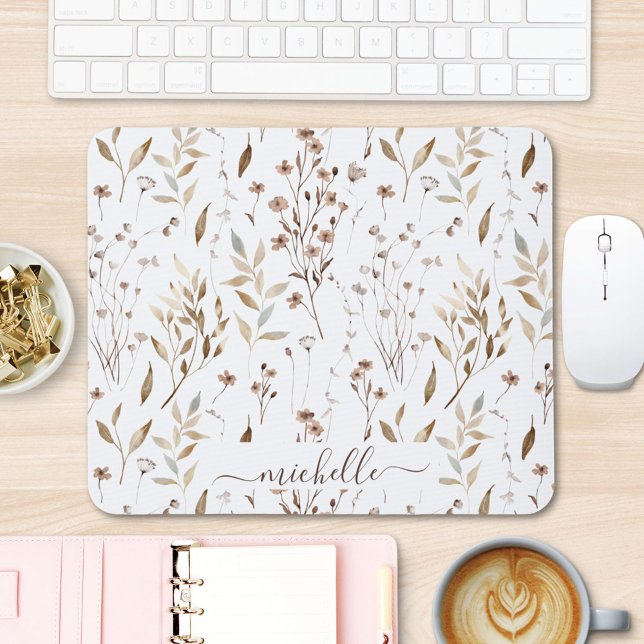 Elegant Rustic Watercolor Brown Flowers Leaves Mouse Pad (In situ)