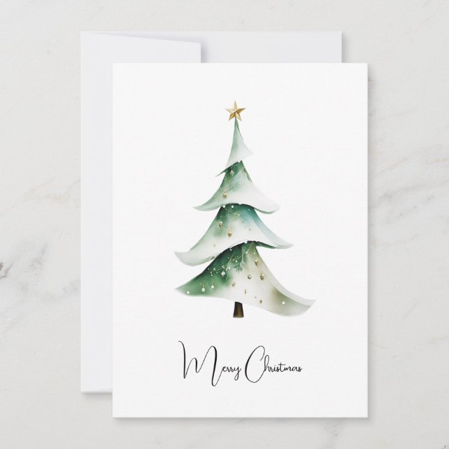 Elegant Rustic Watercolor Christmas Tree  Holiday Card (Front)