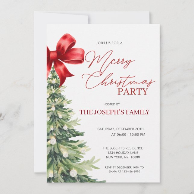 Elegant Rustic Watercolor Christmas Tree Party Invitation (Front)