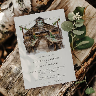 Elegant Rustic Watercolor Country Barn Wedding Invitation