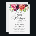 Elegant Rustic Watercolor Floral 80th Birthday Invitation<br><div class="desc">This wonderfully feminine and rustic boho style 80th birthday party invitation has a sumptuous rich color palette in terracotta, deep peach, burgundy red, purple, teal and yellow. The elegant watercolor botanical elements have a nature-inspired organic appeal and make the invitation pop with style. Elegant calligraphy script spells out the word...</div>
