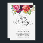 Elegant Rustic Watercolor Floral 80th Birthday Invitation<br><div class="desc">This wonderfully feminine and rustic boho style 80th birthday party invitation has a sumptuous rich color palette in terracotta, deep peach, burgundy red, purple, teal and yellow. The elegant watercolor botanical elements have a nature-inspired organic appeal and make the invitation pop with style. Elegant calligraphy script spells out the word...</div>
