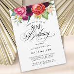 Elegant Rustic Watercolor Floral 80th Birthday Invitation<br><div class="desc">This wonderfully feminine and rustic boho style 80th birthday party invitation has a sumptuous rich color palette in terracotta, deep peach, burgundy red, purple, teal and yellow. The elegant watercolor botanical elements have a nature-inspired organic appeal and make the invitation pop with style. Elegant calligraphy script spells out the word...</div>