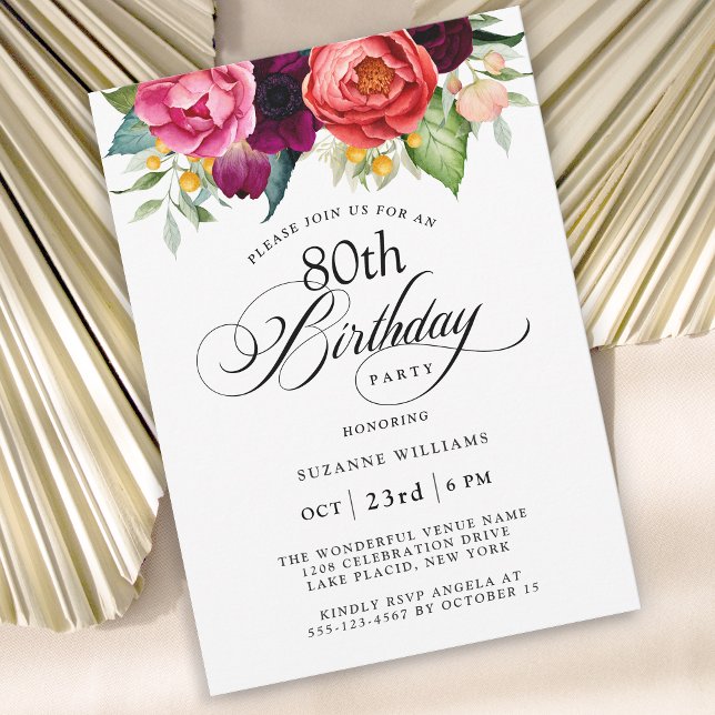 Elegant Rustic Watercolor Floral 80th Birthday Invitation (Available as printed and paperless digital download!)