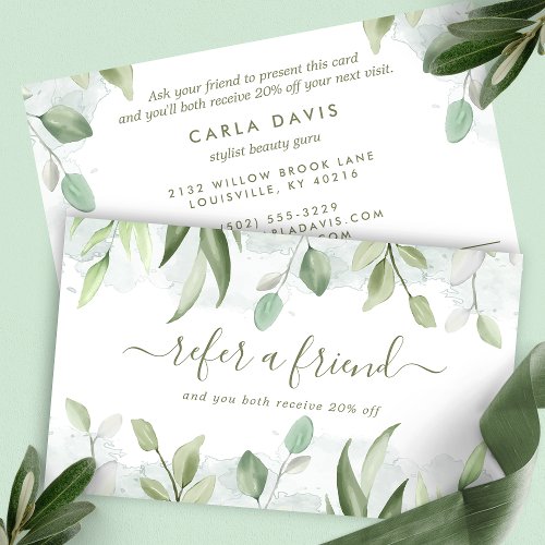 Elegant Rustic Watercolor Greenery Leaves Referral Card