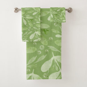 Elegant Rustic Watercolor Leaves Sage Green  Bath Towel Set