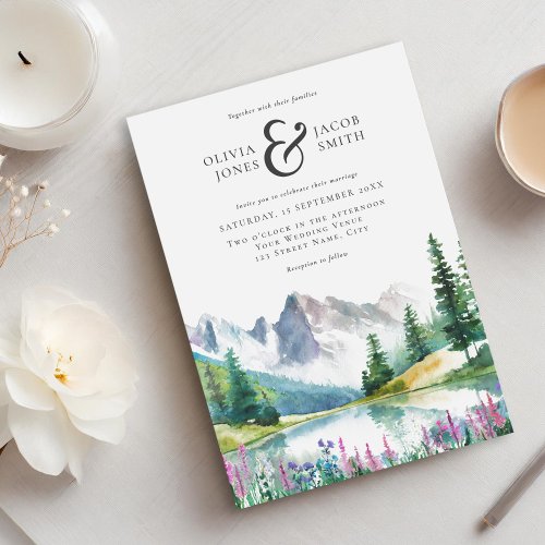 Elegant Rustic Watercolor Mountain Wedding  Invitation