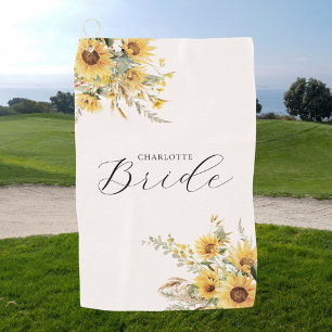 Elegant Rustic Watercolor Sunflower Floral Bride Golf Towel